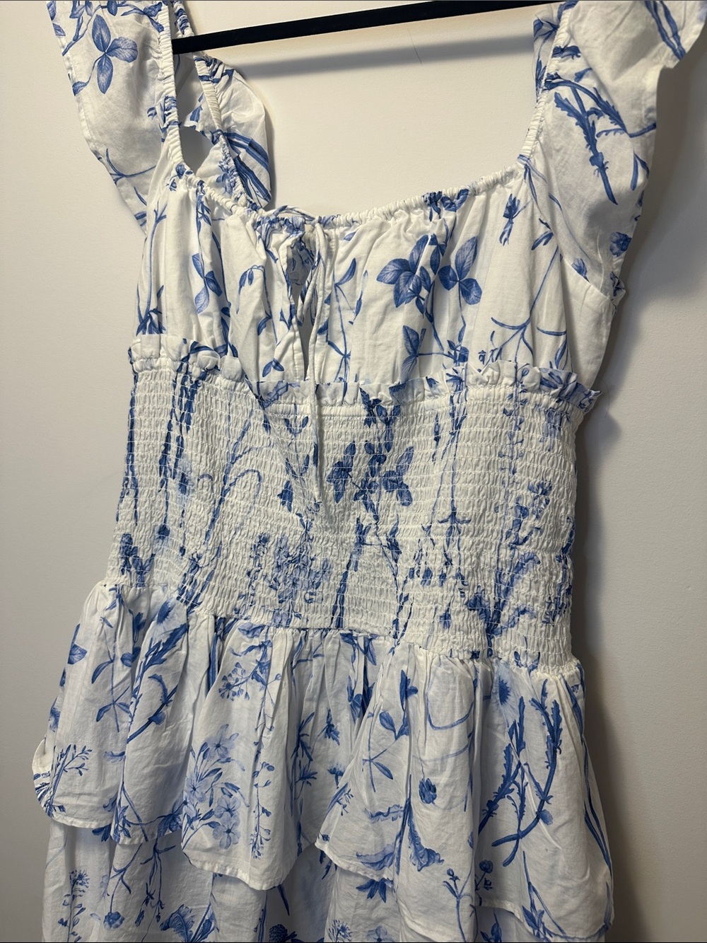 H&M Ruffle Tiered Skirt White Mini Dress with Blue Floral Print - Picture 8 of 12